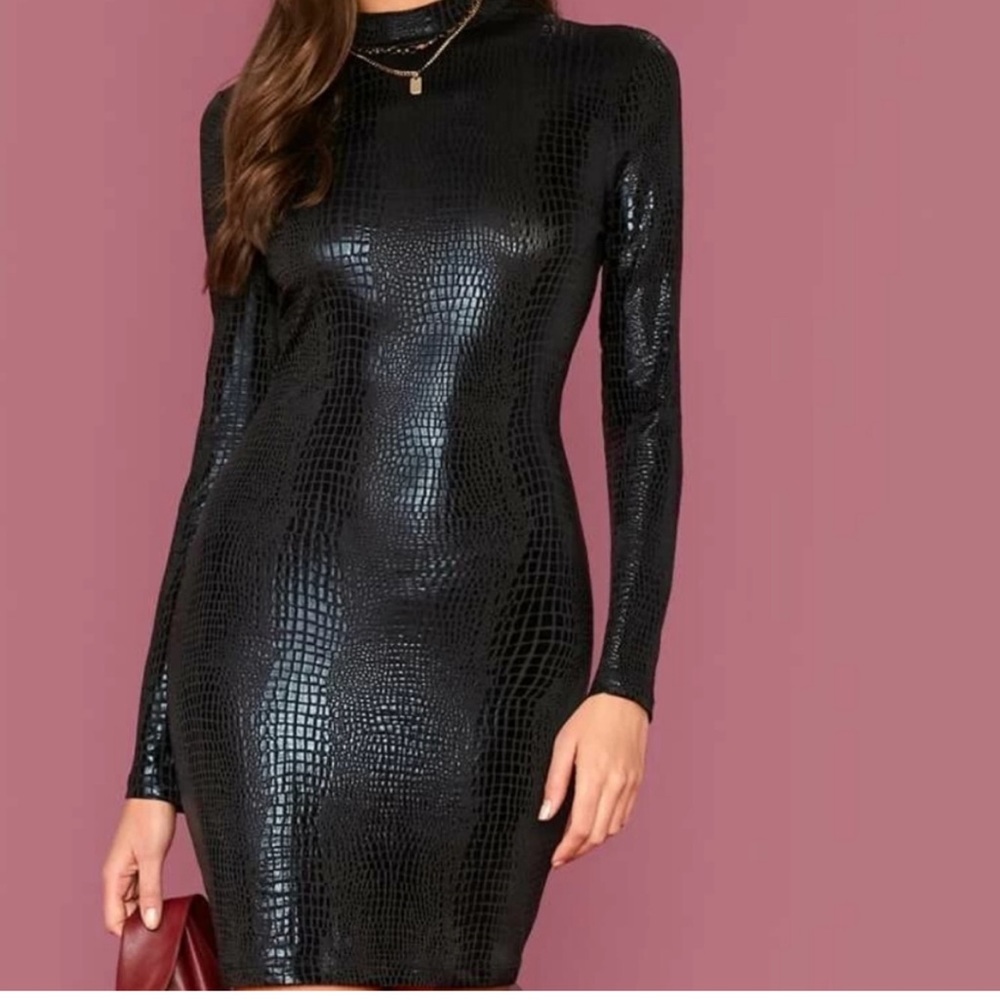 Faux leather Croc bodycon long sleeve mini dress - Picture 3 of 5